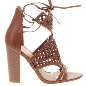 Shoedazzle  Kelly Block Heel Shoes Sandals 9.5  cognac Wrap Tie Sandal